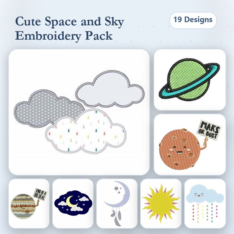 Space and Sky Embroidery Designs Bundle – Cloud with Rain, Planet Saturn, Moon and Stars & More (19 Designs)