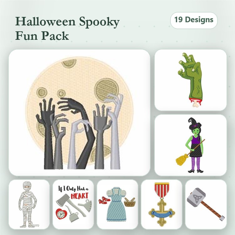 Halloween Spooky Embroidery Bundle – Skeleton, Witch with Broom, Zombie Hand & More (19 Designs)