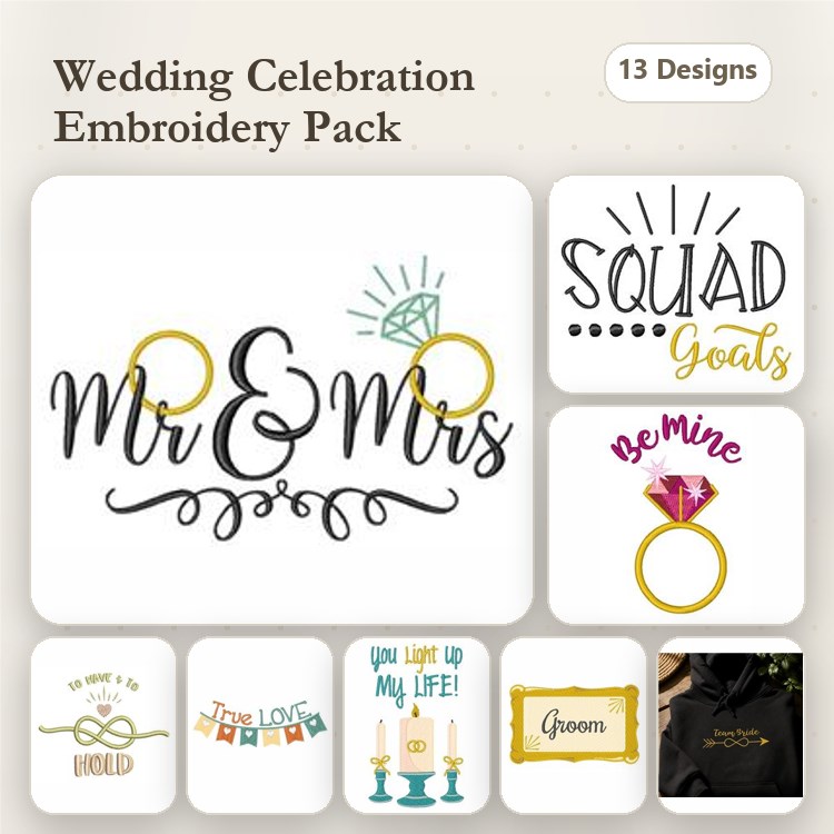 Wedding Celebration Embroidery Designs Bundle – Mr & Mrs, Diamond Ring, Wedding Bells & More (13 Designs)