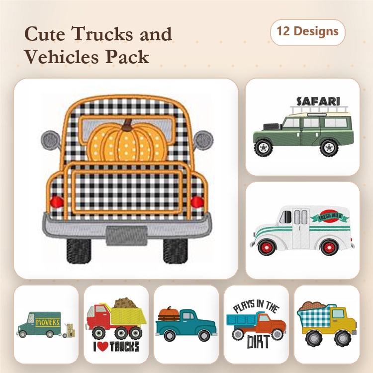 Trucks & Vehicles Embroidery Designs Bundle – Pickup Truck with Pumpkin, Food Truck, Dump Truck & More (12 Designs)
