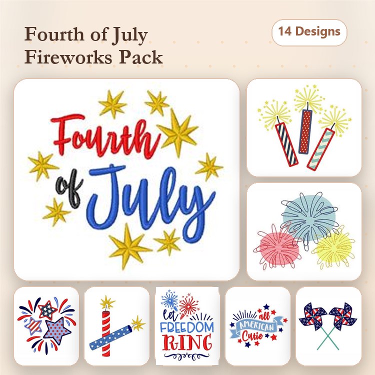 Fourth of July Fireworks Embroidery Designs Bundle – Firework with Stars, Freedom Ring, Sparkler & More (14 Designs)