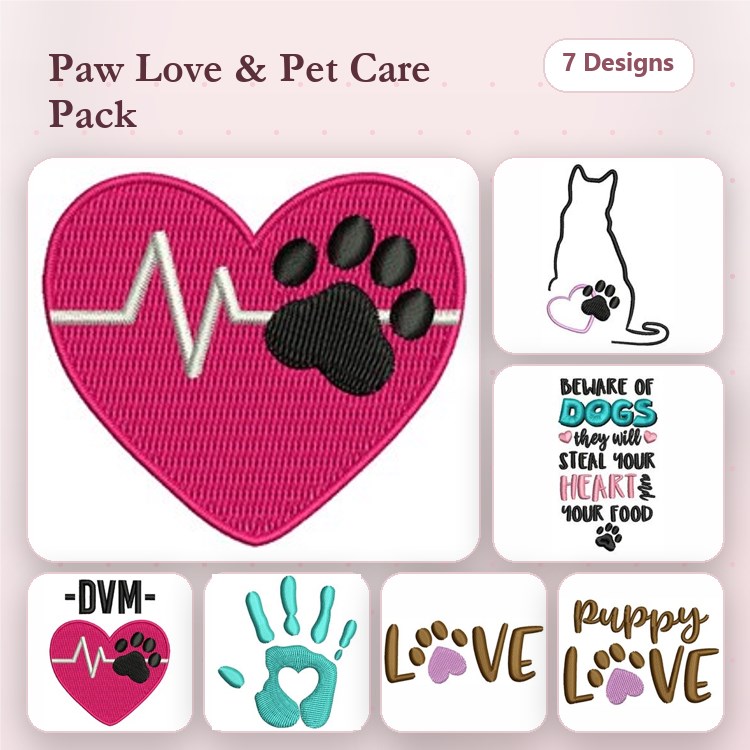 Heart with Paw Print & Cat Silhouette Embroidery Bundle – Pet Care Designs (7 Designs)