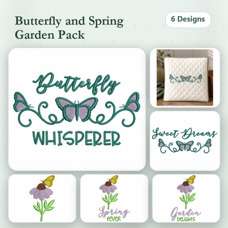 Butterfly & Spring Garden Embroidery Bundle – Floral and Nature Themes (6 Designs)
