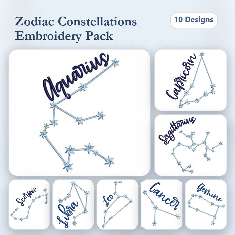 Zodiac Constellations Embroidery Bundle – Astrological Designs (10 Designs)