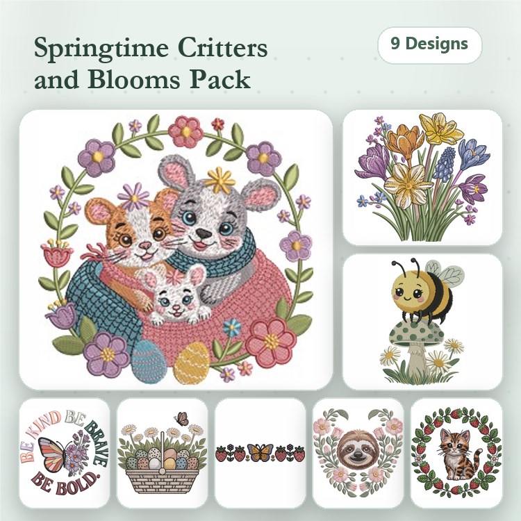 Springtime Critters Embroidery Bundle – Adorable Animals & Flowers (9 Designs)