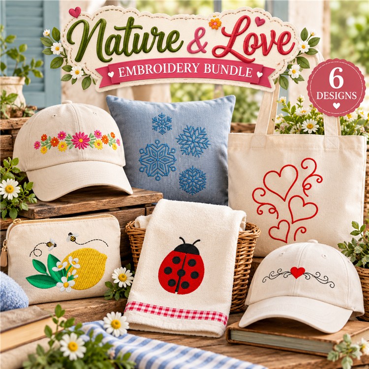 Nature & Love Embroidery Designs Bundle – Flower Embroidery, Ladybug, Snowflake & More (6 Designs)