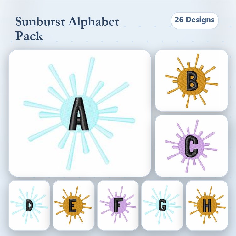 Sunburst Alphabet Embroidery Bundle – Sunburst A, B, C & More (26 Designs)