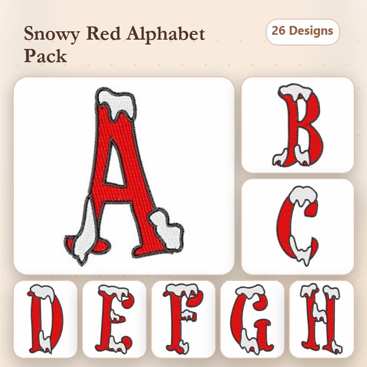 Snowy Red Alphabet Embroidery Bundle – Snowy Capital A, Snowy Capital B, Snowy Capital C & More (26 Designs)