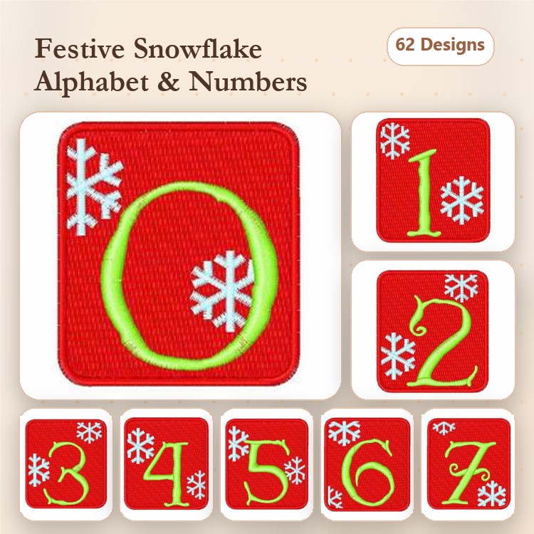 Festive Snowflake Alphabet Embroidery Designs Bundle – Letters A-Z, Numbers 0-9 & More (62 Designs)