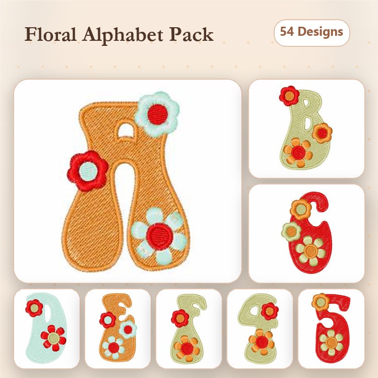 Applique Floral Alphabet Embroidery Bundle – Floral Letter A, Floral Letter B, Floral Letter C & More (54 Designs)