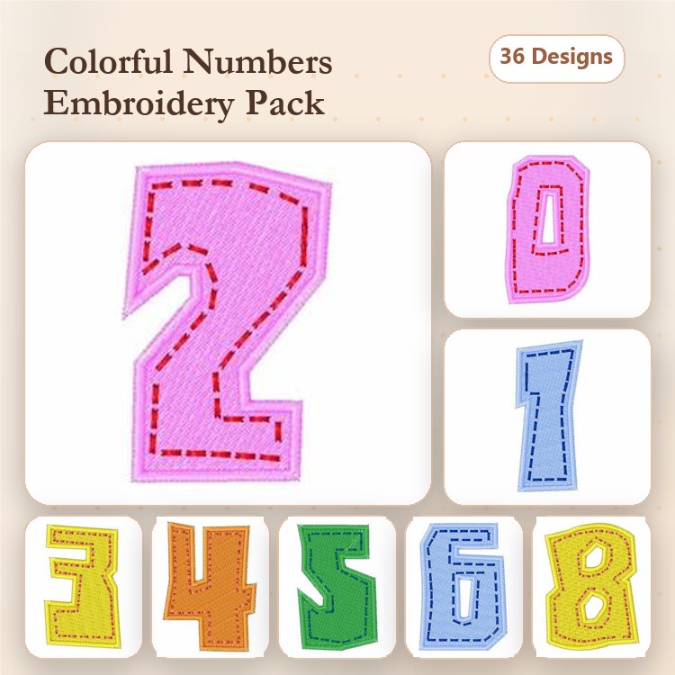 Applique Colorful Numbers Embroidery Bundle – Number 0, Number 1, Number 2 & More (36 Designs)