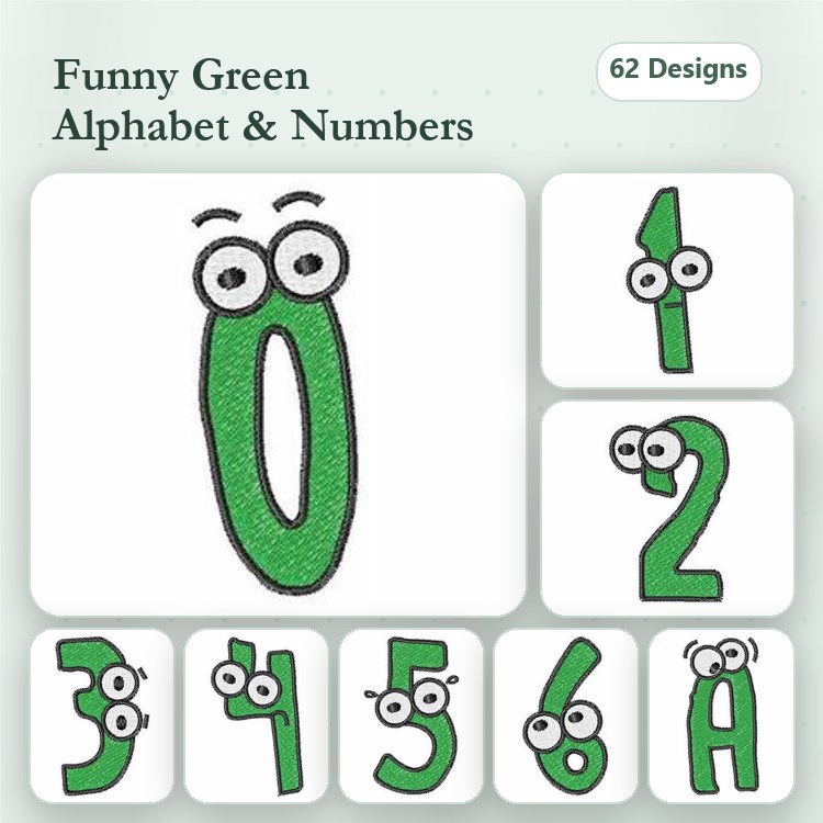 Funny Green Alphabet and Numbers Embroidery Designs Bundle – Green Number 0 with Eyes, Green Letter A with Eyes & More (62 Designs)