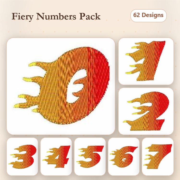 Fiery Numbers Embroidery Designs Bundle – Fiery Number 0, Fiery Number 1, Fiery Number 2 & More (62 Designs)