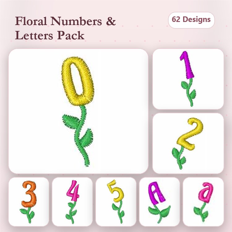 Floral Numbers & Letters Embroidery Bundle – Floral Number 0, Floral Number 1, Floral Letter a & More (62 Designs)