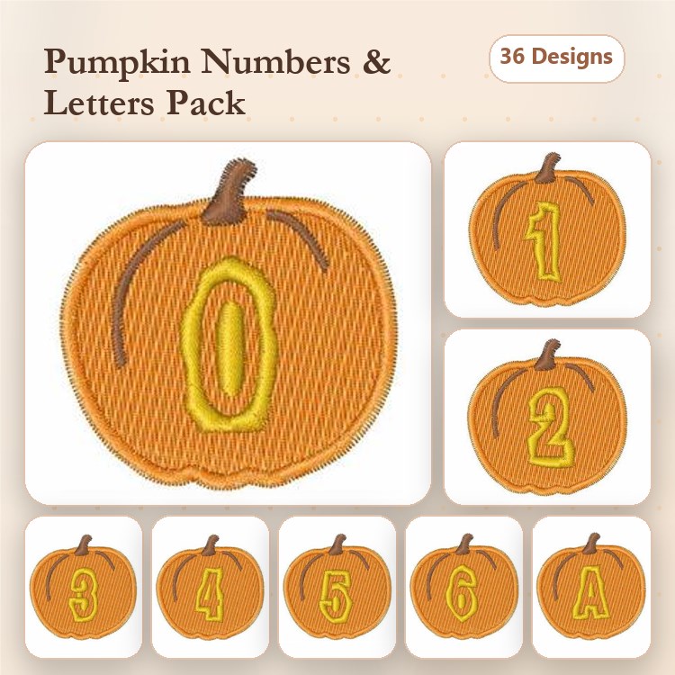 Pumpkin Numbers Embroidery Designs Bundle – Pumpkin with Number 0, Pumpkin with Number 1, Pumpkin with Number 2 & More (36 Designs)