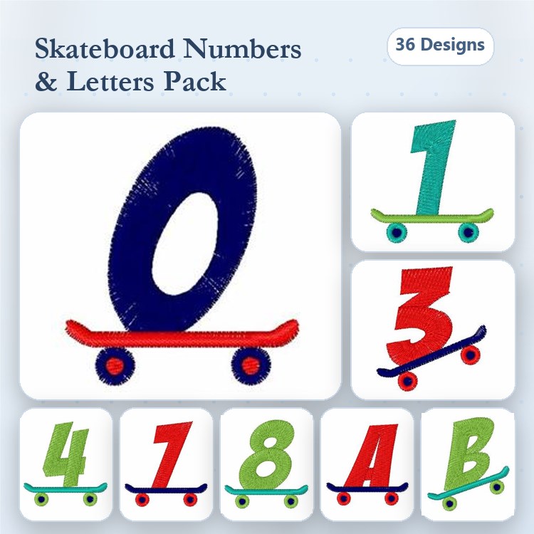 Skateboard Numbers and Letters Embroidery Designs Bundle – 0 on Skateboard, A on Skateboard & More (36 Designs)