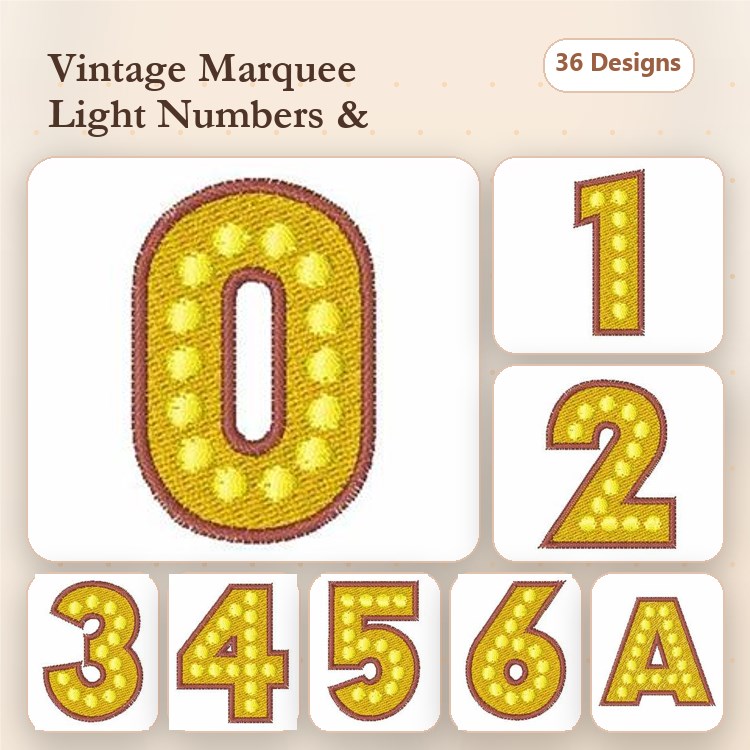 Vintage Marquee Light Numbers Embroidery Designs Bundle – Marquee Number 0, Number 1, Number 2, Number 3 & More (36 Designs)