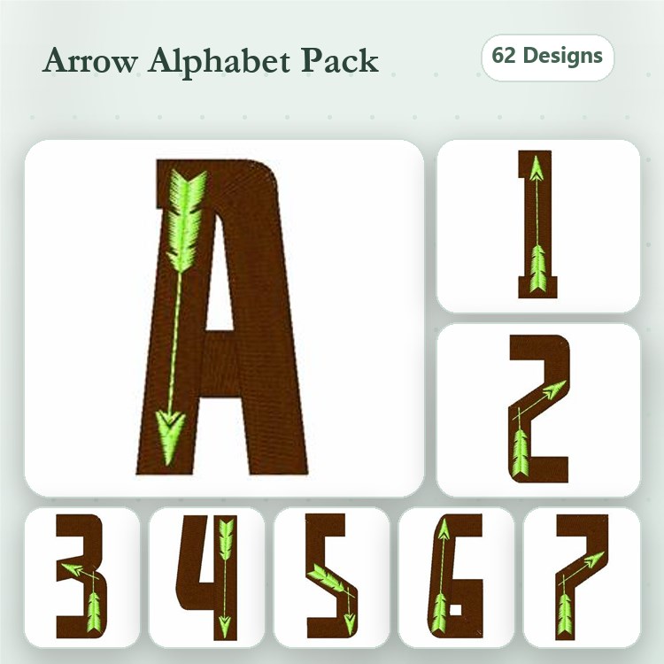 Arrow-Themed Alphabet Embroidery Designs Bundle – Letter A with Arrow, Letter B with Arrow, Letter C with Arrow & More (62 Designs)