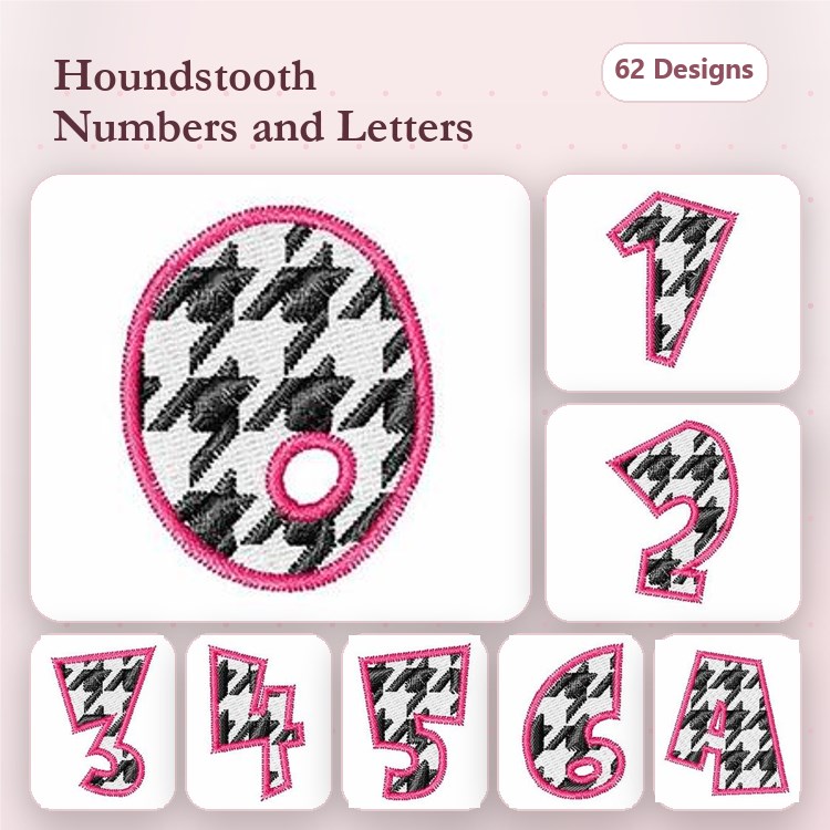 Applique Houndstooth Numbers & Letter O Embroidery Bundle – Houndstooth Number 1, Houndstooth Number 2 & More (62 Designs)