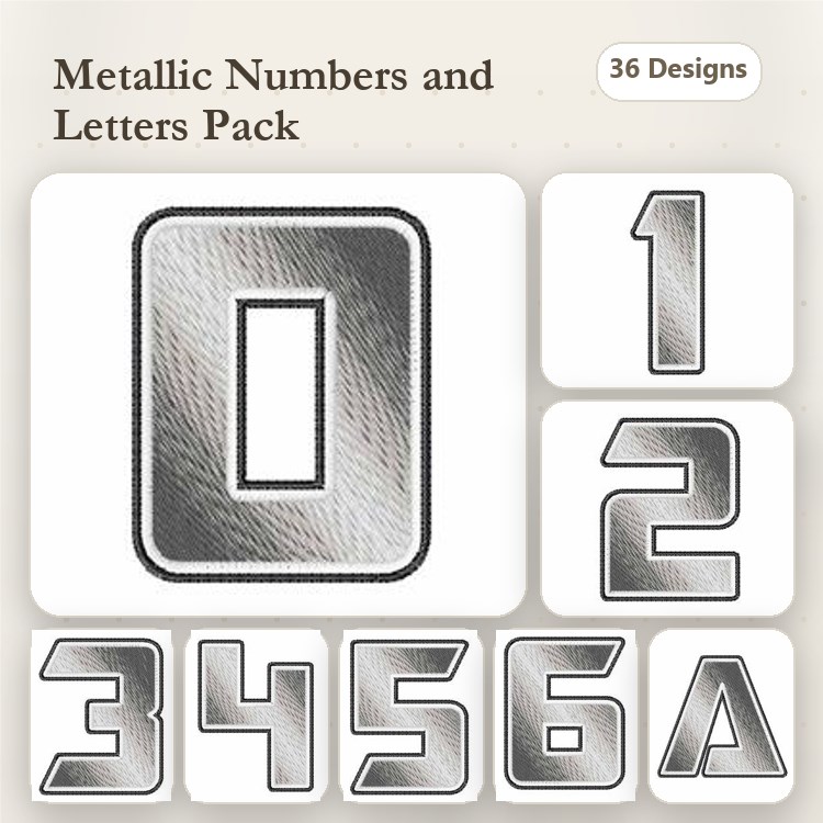 Metallic Numbers & Letter A Embroidery Bundle – Shiny Textured Designs (36 Designs)
