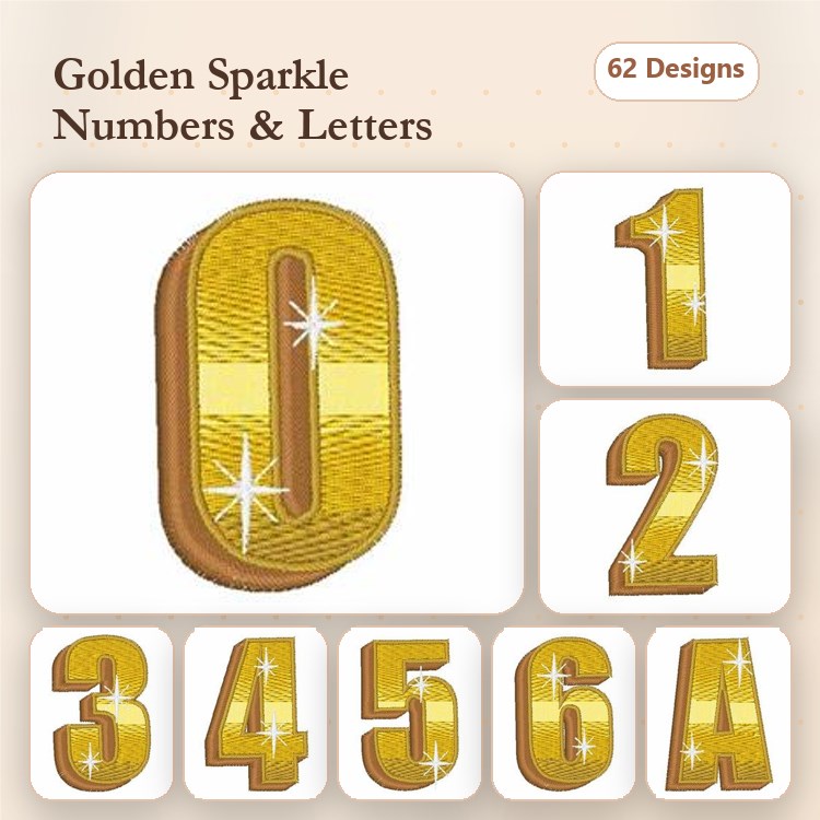 Golden Sparkle Numbers & Letters Embroidery Designs Bundle – Golden Number 0, Golden Number 1, Golden Number 2 & More (62 Designs)
