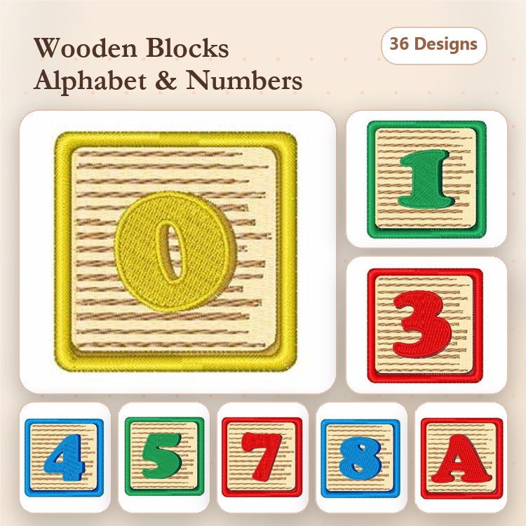 Wooden Blocks Alphabet & Numbers Embroidery Designs Bundle – Number Block 0, Number Block 1, Letter Block A & More (36 Designs)