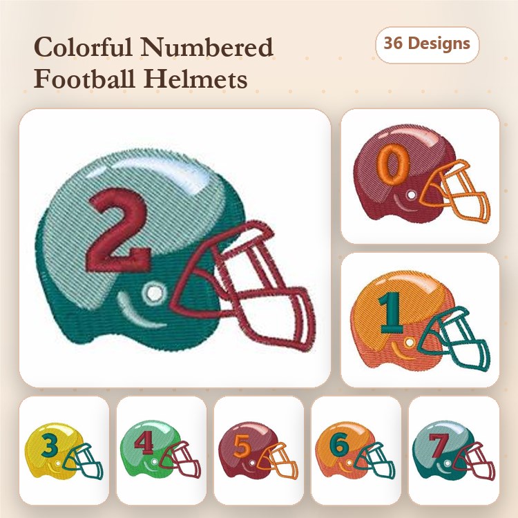 Football Helmet Embroidery Designs Bundle – Colorful Helmets with Numbers 0-7 & More (36 Designs)