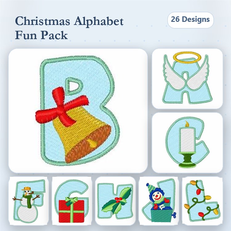 Christmas Alphabet Embroidery Designs Bundle – B with Bell, Angel, Candle, Snowman & More (26 Designs)