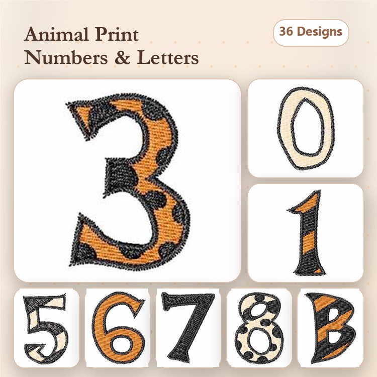 Animal Print Numbers & Letters Embroidery Designs Bundle – 0, 1, 3, 5, 6, 7, 8, & Letter B (36 Designs)