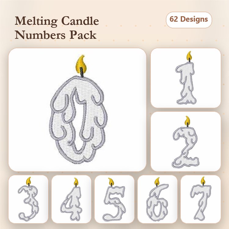 Melting Candle Numbers Embroidery Designs Bundle – Number 1, Number 2, Number 3 & More (62 Designs)