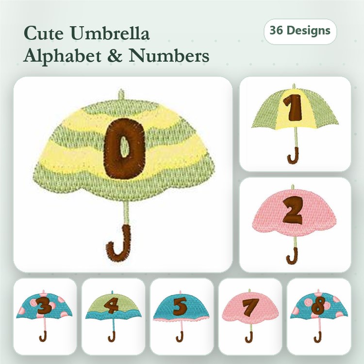 Umbrella Alphabet & Numbers Embroidery Bundle – Umbrella with 0, Umbrella with 1, Umbrella with 2 & More (36 Designs)