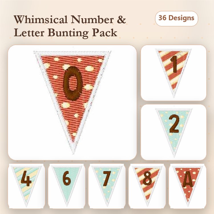 Applique Bunting with Numbers Embroidery Bundle – Number 0, Number 1, Number 2 & More (36 Designs)