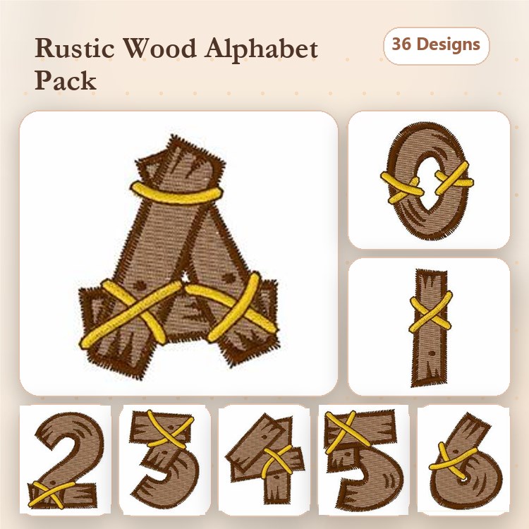 Wooden Letter & Number Embroidery Bundle – Wooden Letter A, Wooden Letter B, Wooden Number 0 & More (36 Designs)