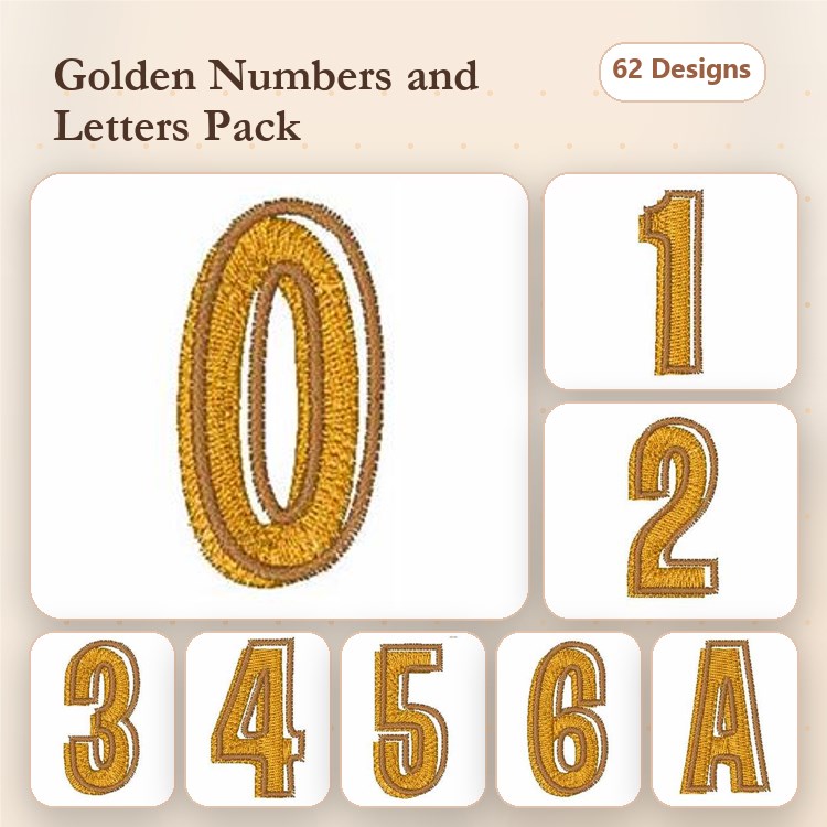 Golden Numbers & Letter A Embroidery Bundle – Number 0, Number 1, Number 2, Number 3 & More (62 Designs)