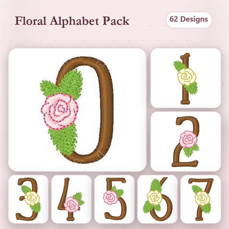 Applique Floral Alphabet Embroidery Bundle – Floral Number 0, Floral Number 1, Floral Number 2 & More (62 Designs)