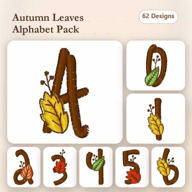 Autumn-Themed Alphabet Embroidery Designs Bundle – A with Leaves, B with Leaves, C with Leaves & More (62 Designs)
