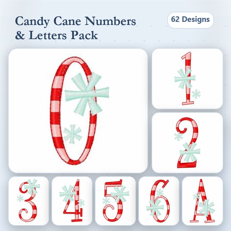 Candy Cane Numbers & Letters Embroidery Designs Bundle – Candy Cane 0, Candy Cane 1, Candy Cane 2 & More (62 Designs)
