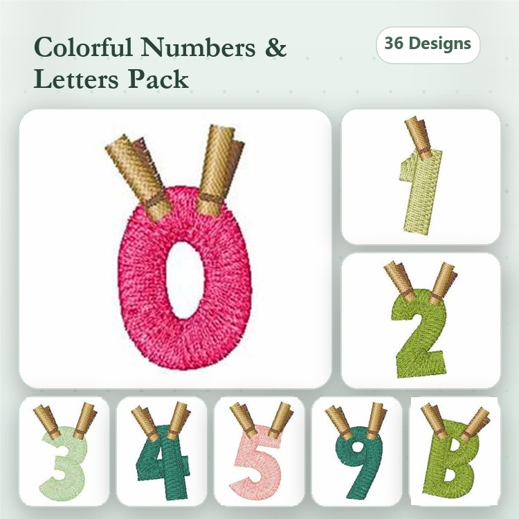 Colorful Numbers & Letters Embroidery Designs Bundle – Number 0, Number 1, Letter A & More (36 Designs)