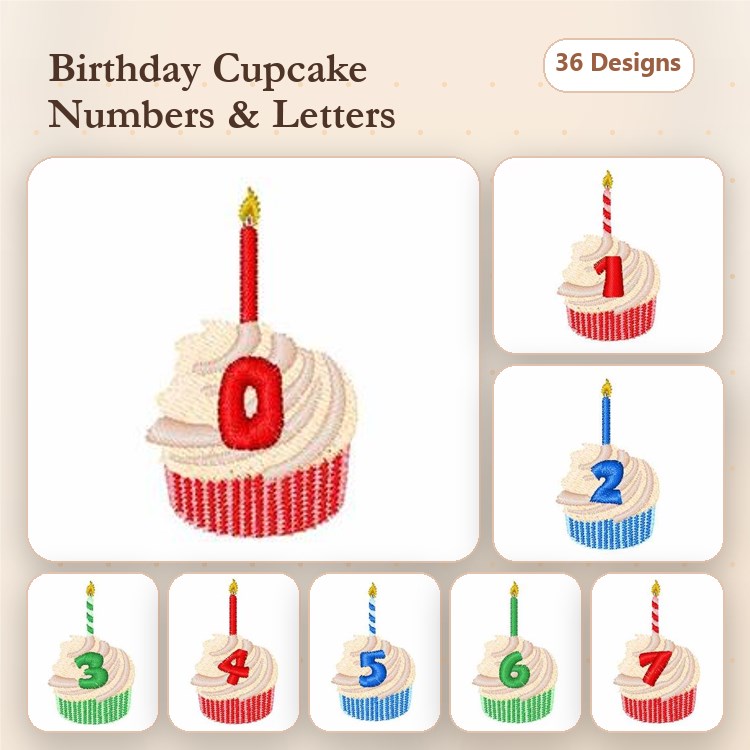 Birthday Cupcake Embroidery Designs Bundle – Cupcake with Candle 0, Cupcake with Candle 1, Cupcake with Candle 2 & More (36 Designs)