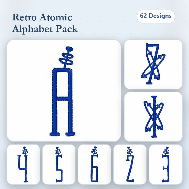Retro Atomic Alphabet Embroidery Designs Bundle – Retro Atomic Letter A, Retro Atomic Letter 2, Retro Atomic Letter 3 & More (62 Designs)
