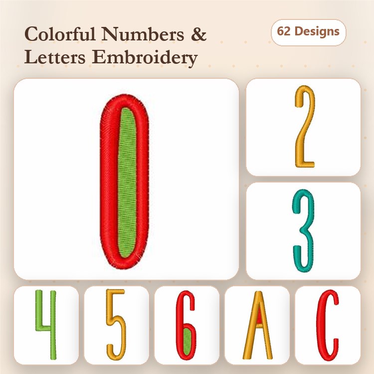 Colorful Numbers and Letters Embroidery Designs Bundle – Number 0, Number 1, Letter A & More (62 Designs)