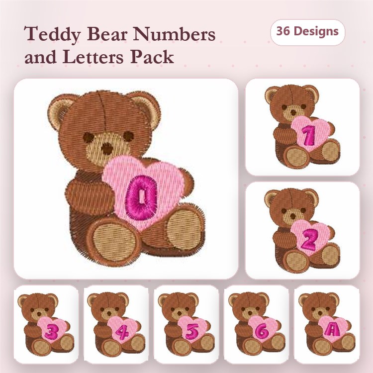 Teddy Bear Numbers and Letters Embroidery Designs Bundle – Teddy Bear with Heart, Teddy Bear A, Teddy Bear B & More (36 Designs)
