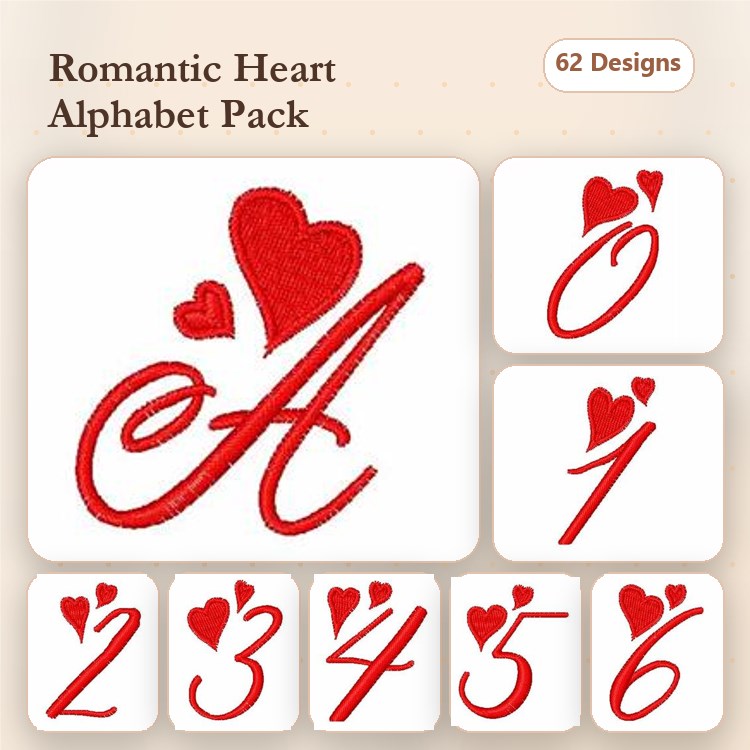 Redwork Romantic Heart Alphabet Embroidery Bundle – Heart Letter A, Heart Letter O, Heart Letter I & More (62 Designs)