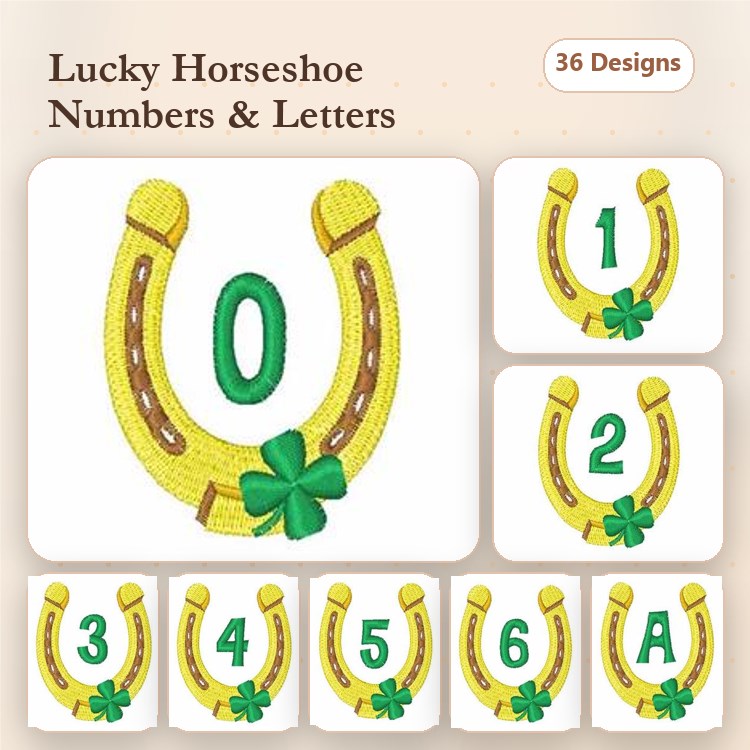 Horseshoe Embroidery Bundle – Horseshoe with Clover, Numbers 0-6 & Letter A (36 Designs)