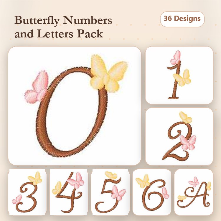 Butterfly Themed Numbers & Letters Embroidery Designs Bundle – Number 0, 1, 2, Letter A & More (36 Designs)