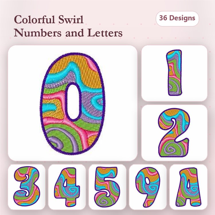 Colorful Swirl Numbers & Letters Embroidery Designs Bundle – 0 to 9, A to Z & More (36 Designs)