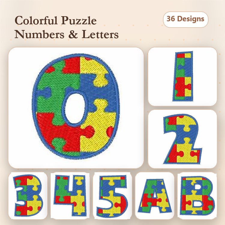 Colorful Puzzle Numbers and Letters Embroidery Designs Bundle – Puzzle Number 0, Puzzle Number 1, Puzzle Letter A & More (36 Designs)
