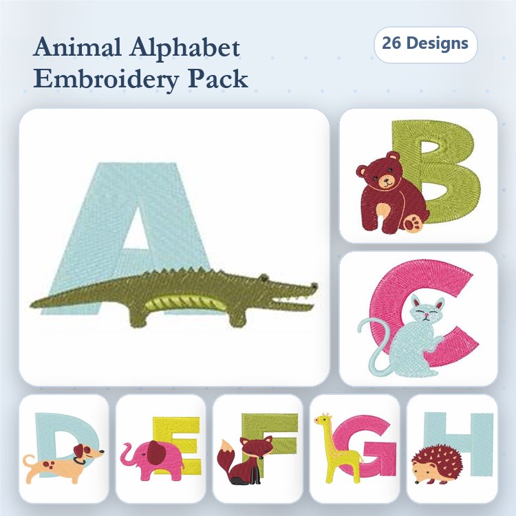 Animal Alphabet Embroidery Bundle – Fun Animal Designs (26 Designs)