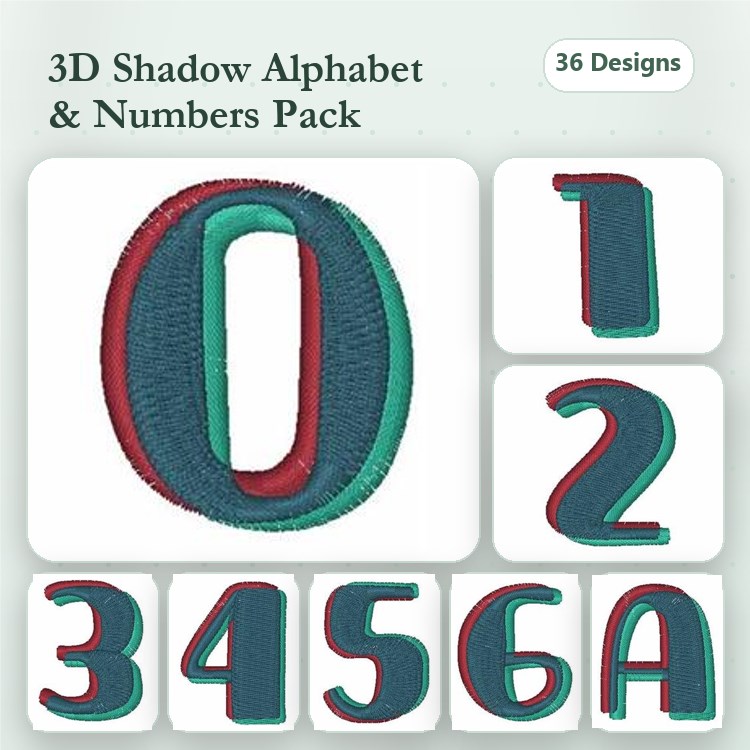 3D Shadow Alphabet & Numbers Embroidery Designs Bundle – 3D Shadow Number 0, 1, 2, 3, 4, 5, 6 & More (36 Designs)