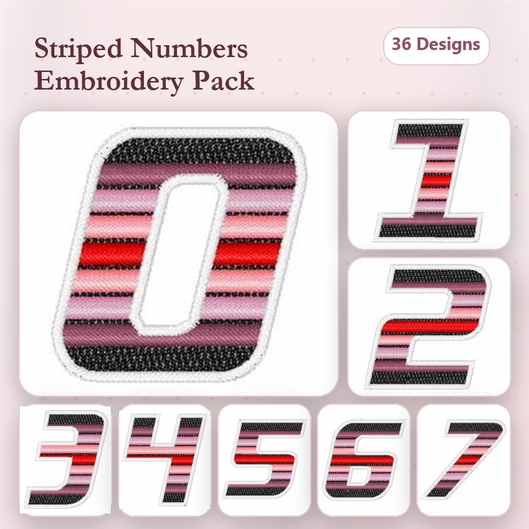 Striped Numbers Embroidery Bundle – Striped Number 0, Striped Number 1, Striped Number 2 & More (36 Designs)